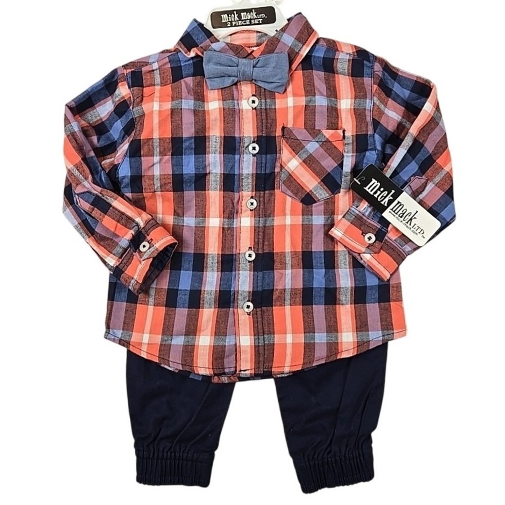 Mick Mack LTD 2-Piece Baby Boy Outfit 12M Plaid Shirt & Navy Pant Set w/Bow Tie